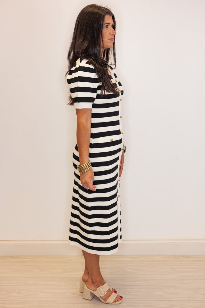 black white striped classic fitted midi dress