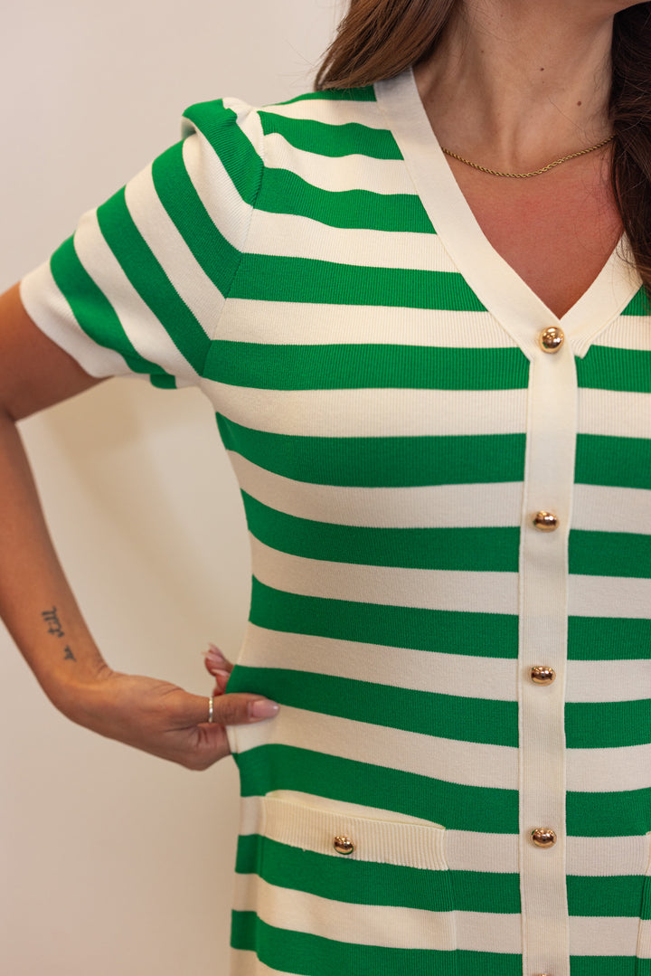 green white striped classic fitted midi dress