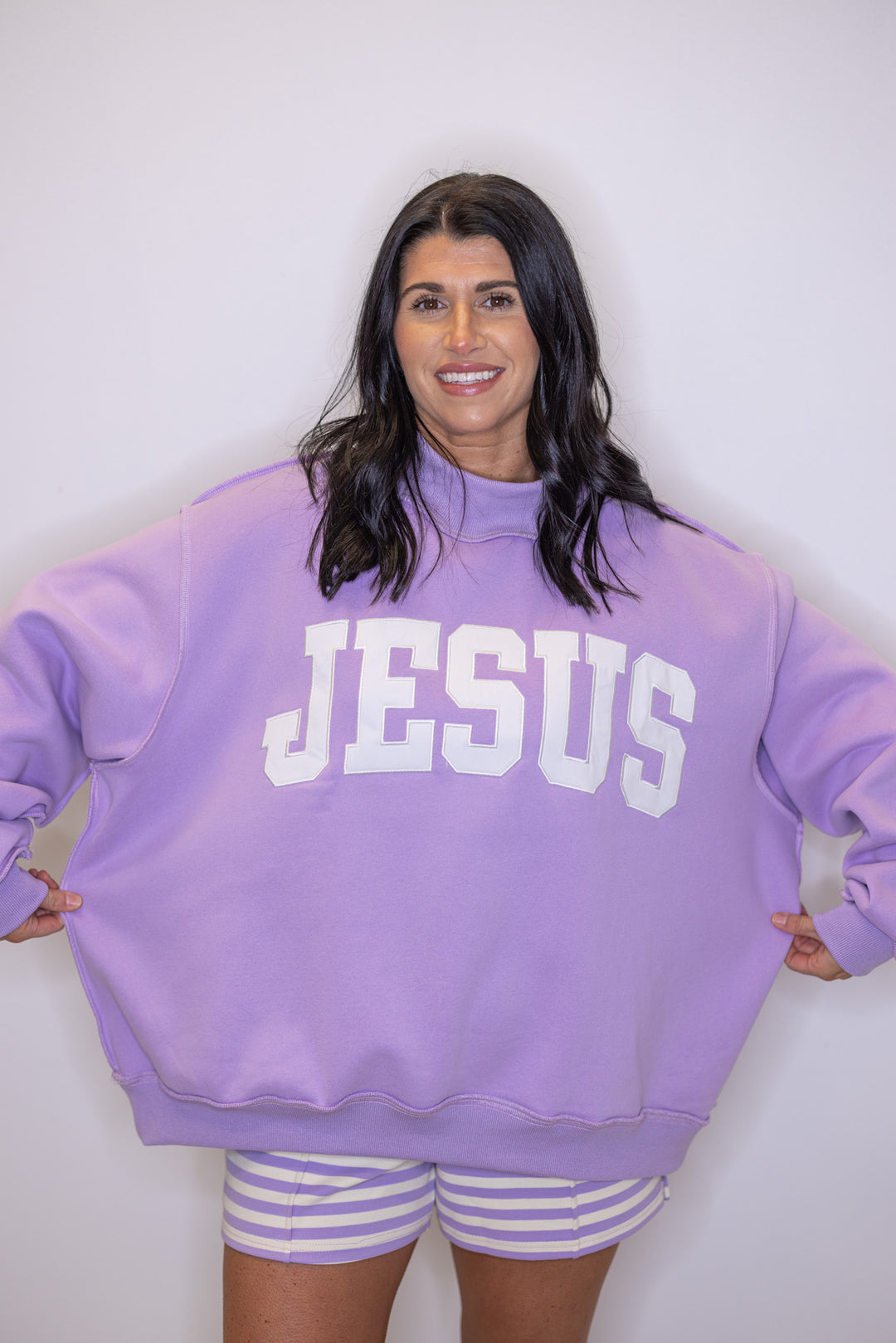 Trendy oversized mock neck embroidered sweatshirt