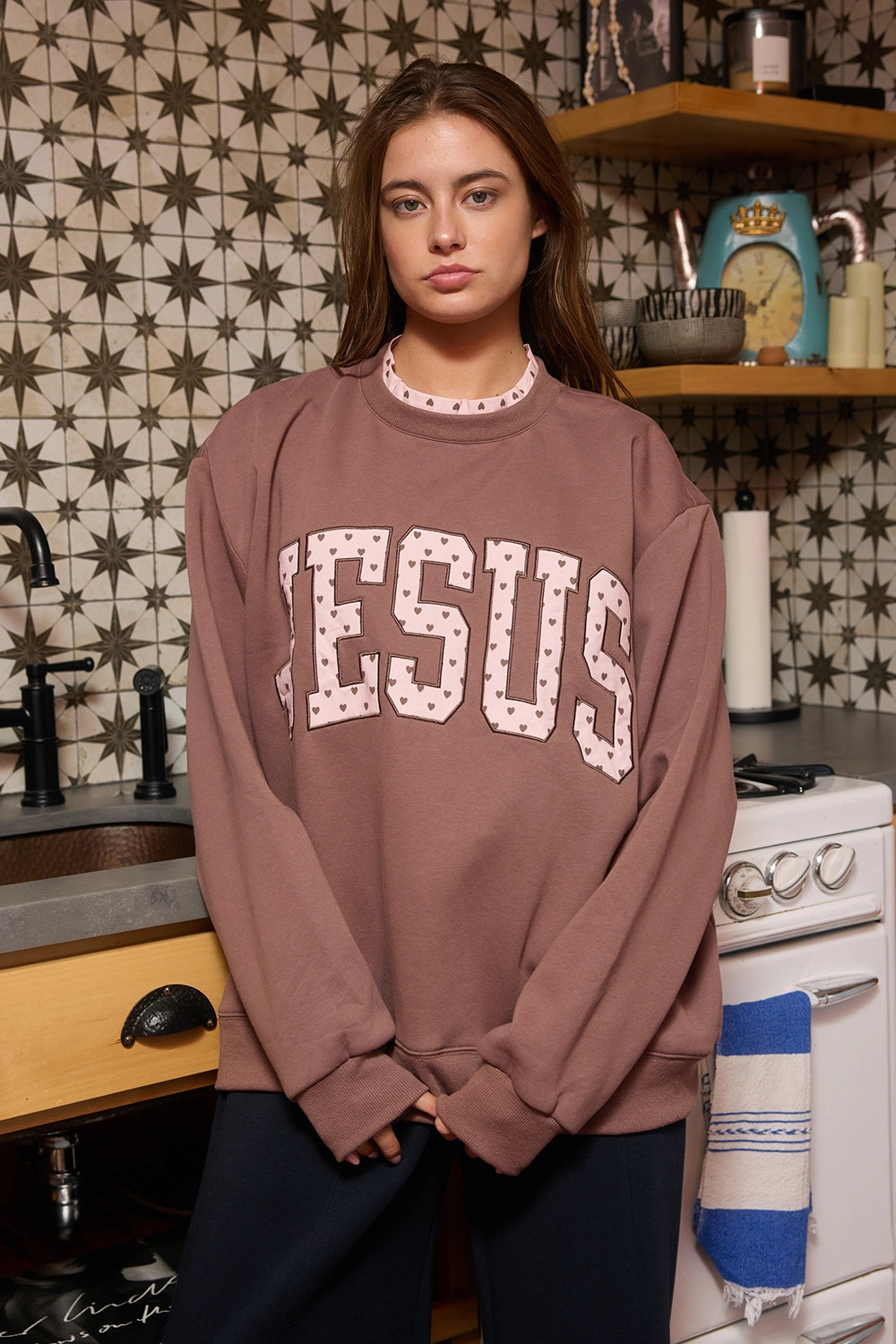 Jesus mock neck oversized brown sweatshirt