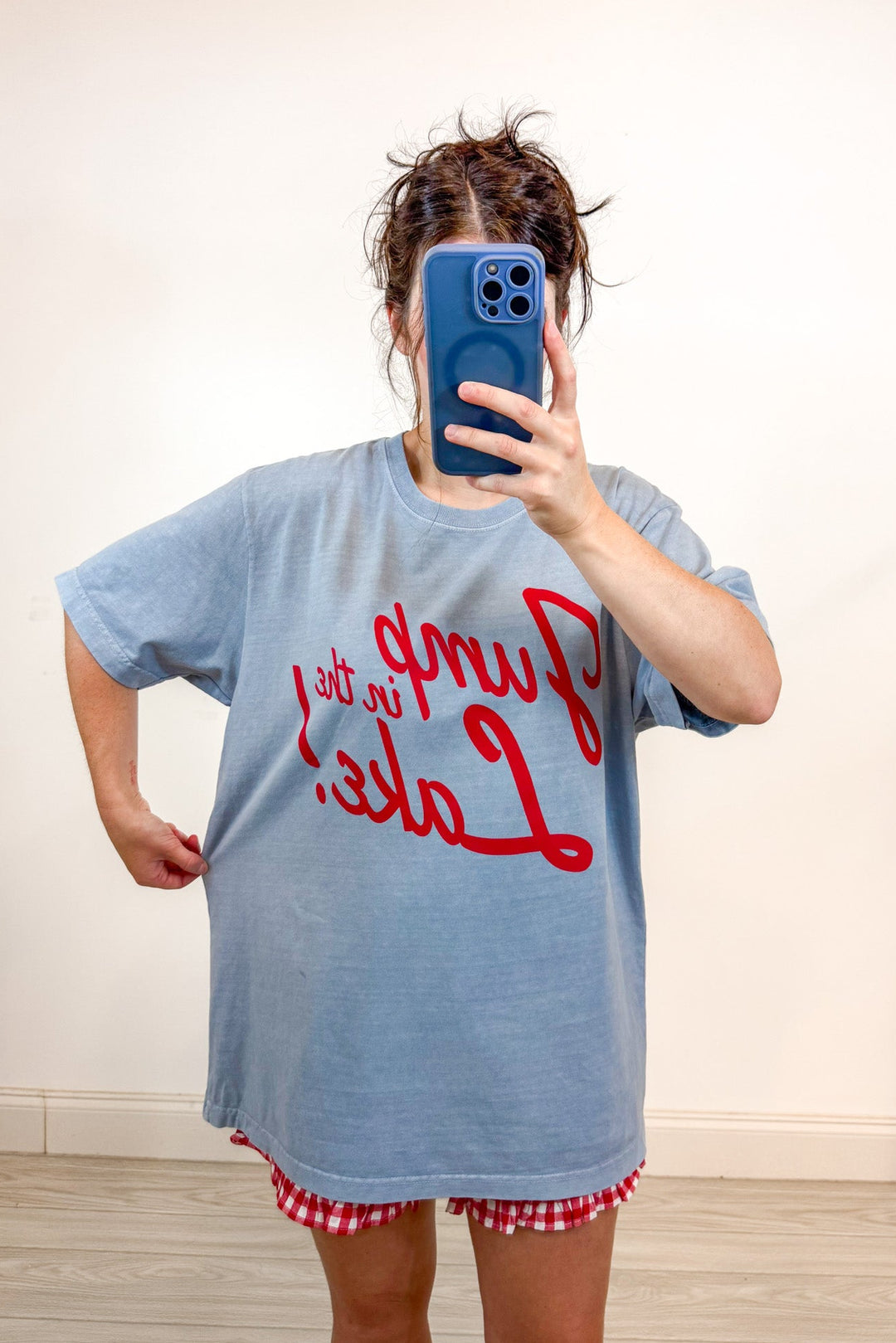 jump in the lake blue womens graphic tee