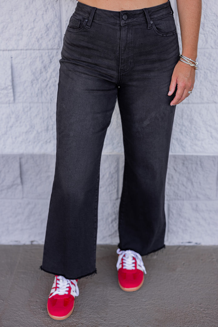 Just Black Denim slim wide leg washed black denim jeans 