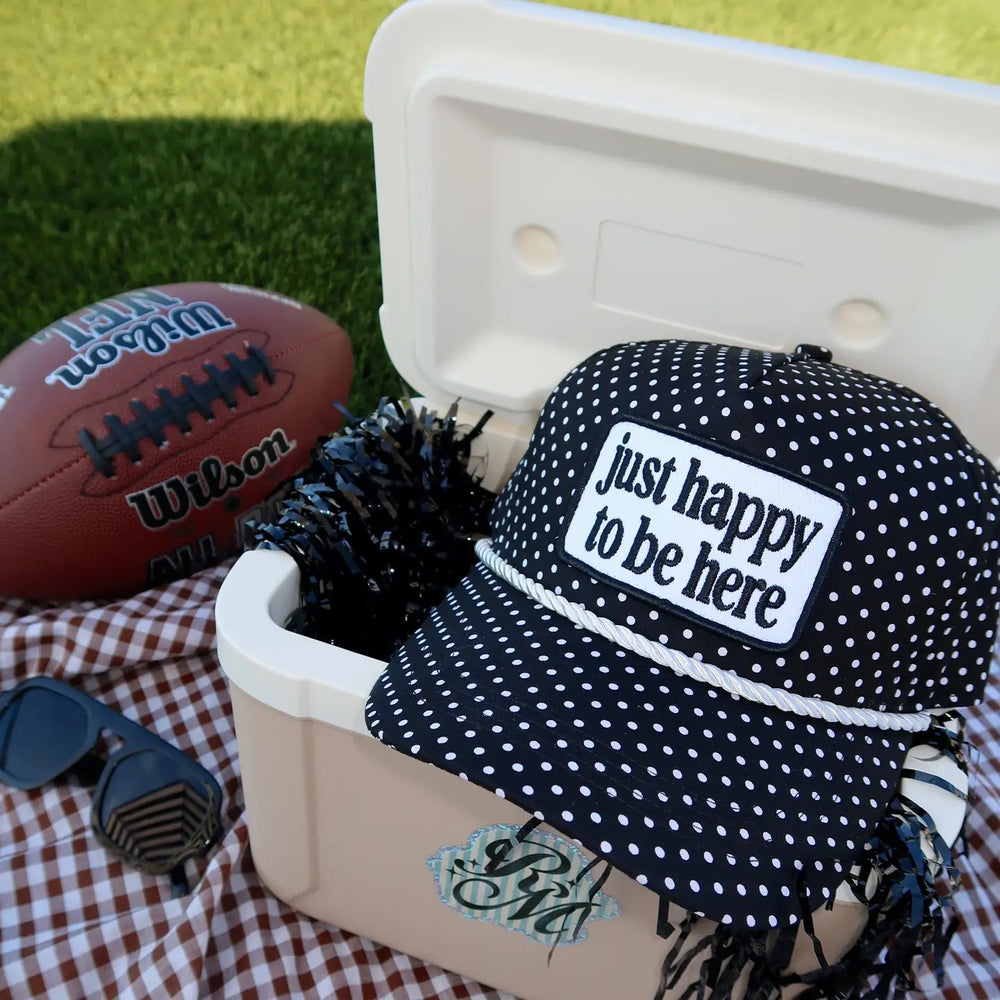 just happy to be here polka dot trucker hat
