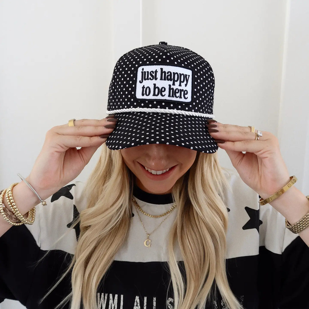 just happy to be here black polka dot trucker hat