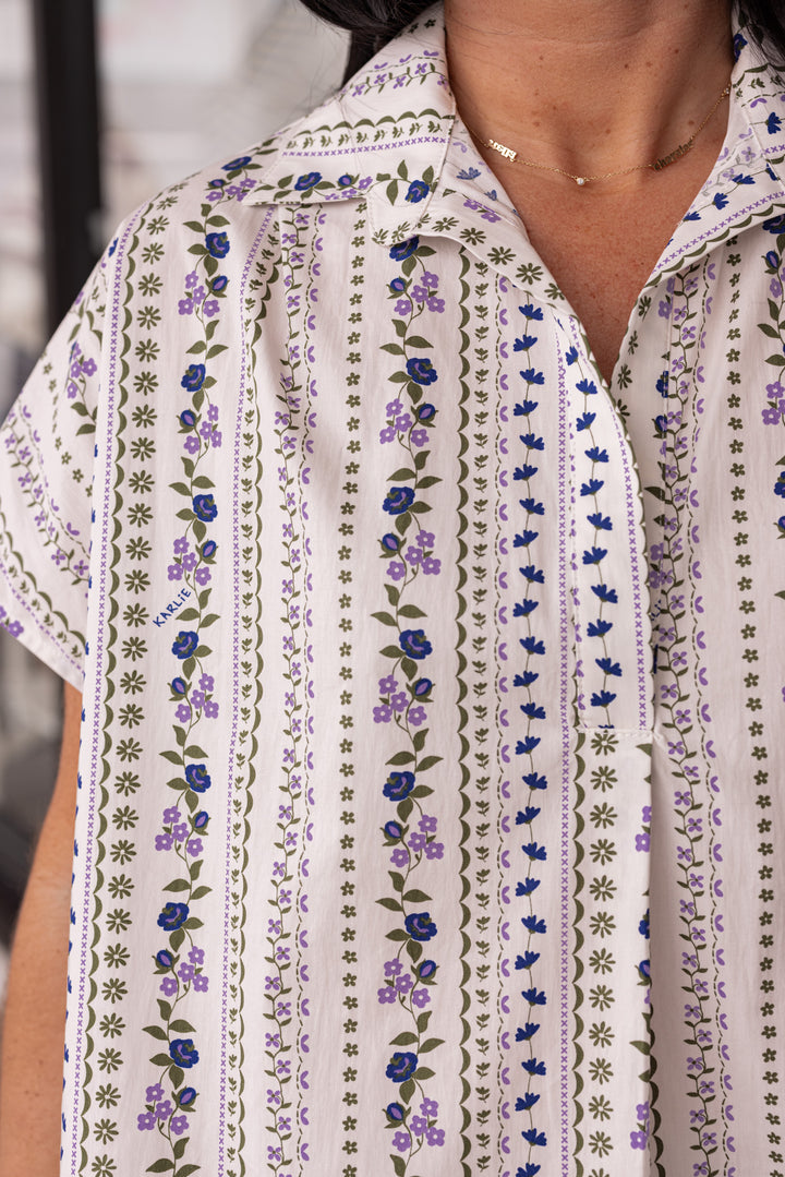 karlie poplin cotton lavender navy floral stripe dressy top