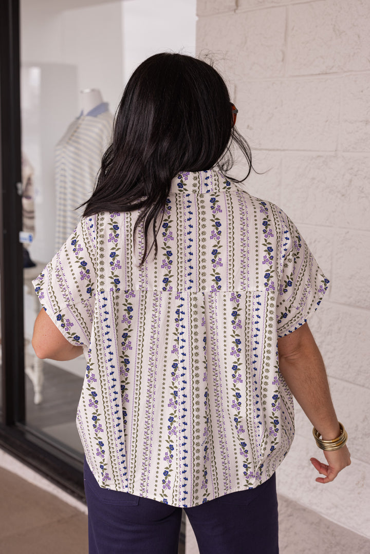 karlie cotton lavender navy floral stripe dressy top back