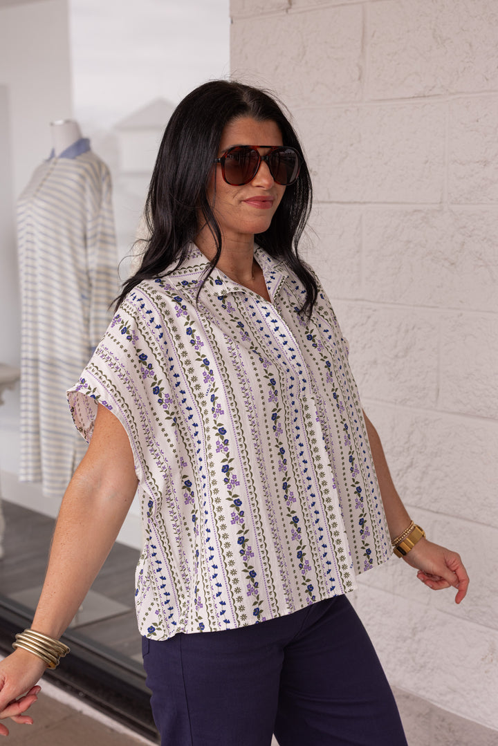 karlie cotton lavender navy floral stripe dressy top with loose easy fit