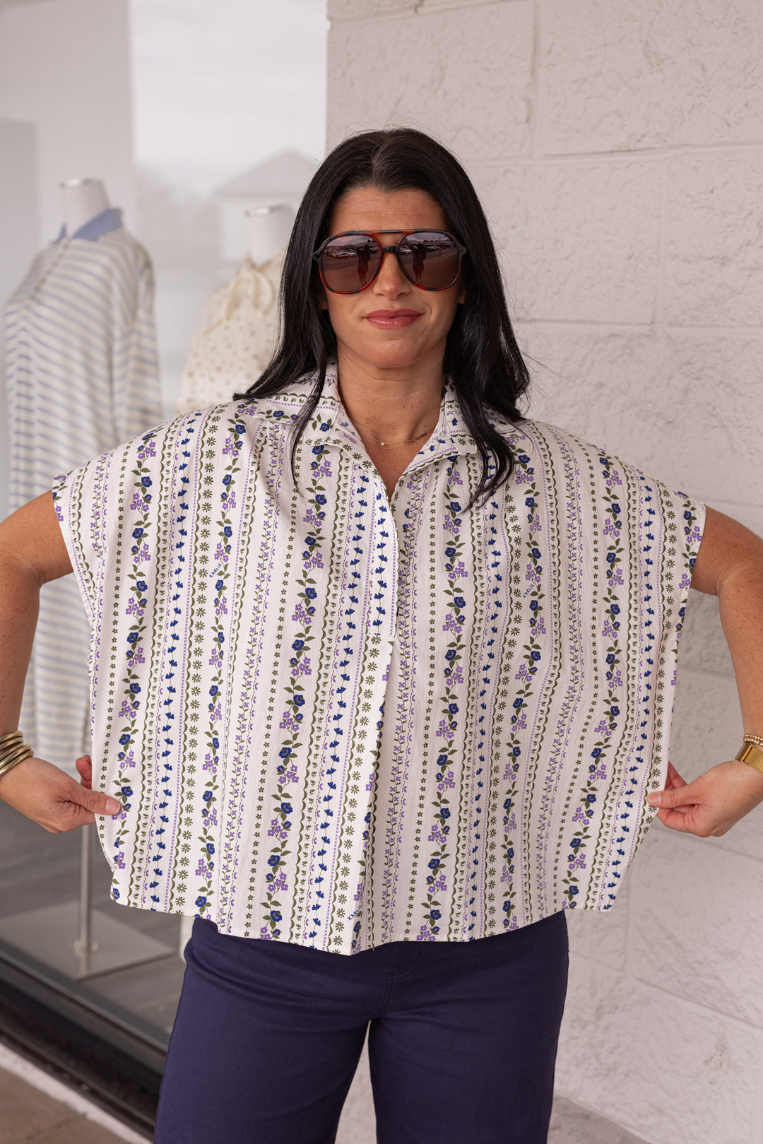 karlie cotton lavender navy floral stripe dressy blouse