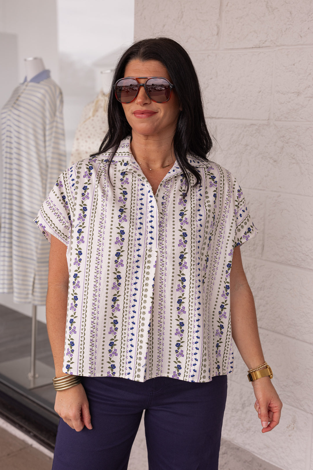 karlie cotton lavender navy floral stripe dressy top