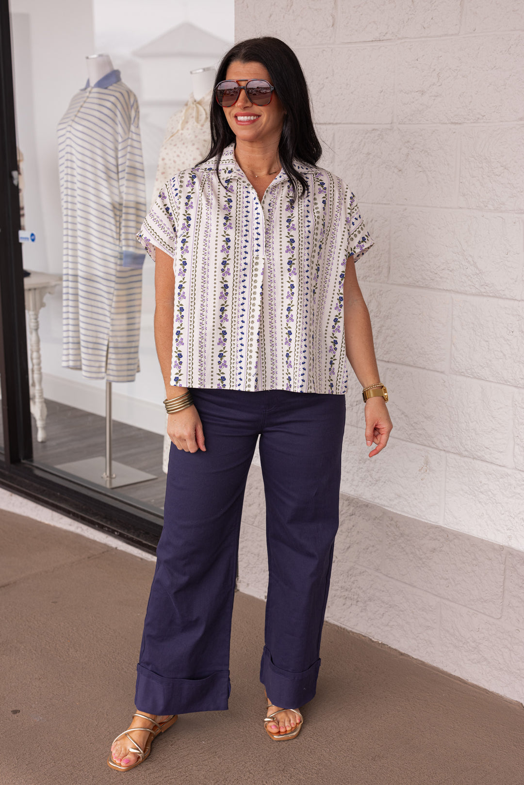 karlie cotton lavender navy floral stripe dressy top with navy twill pants