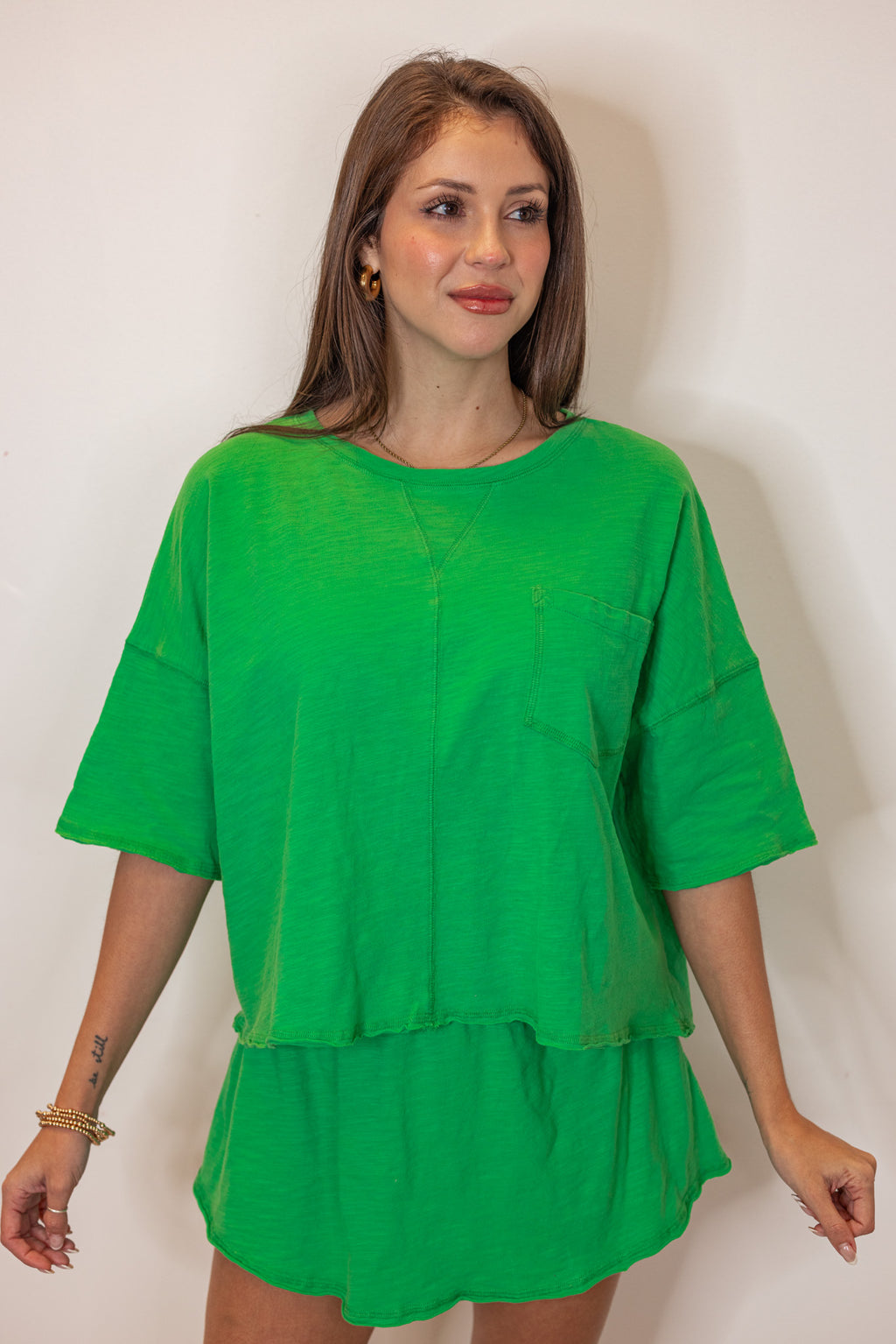 cotton knit green casual short sleeve top