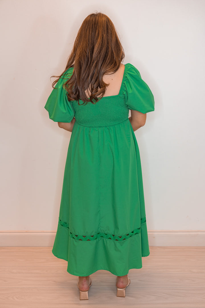 Kelly green empire waist midi dress