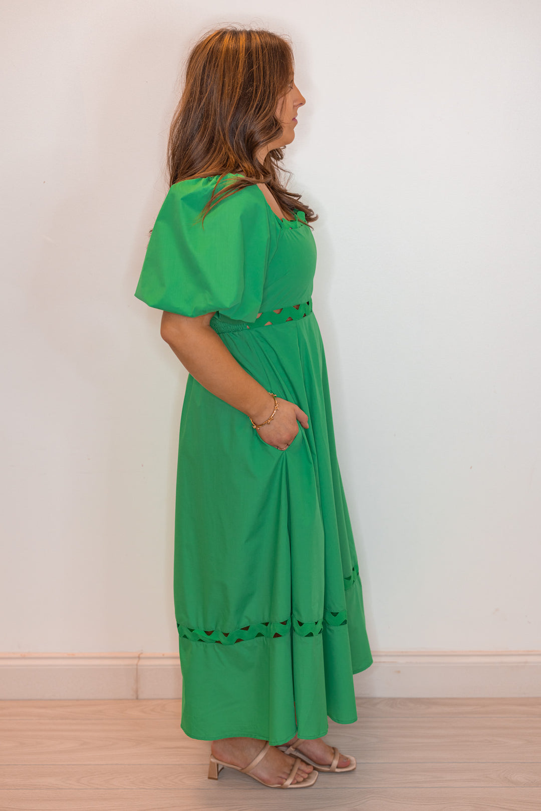 Kelly green empire waist midi dress