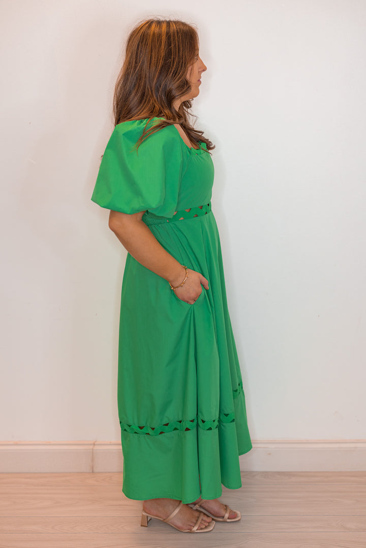 Kelly green empire waist midi dress