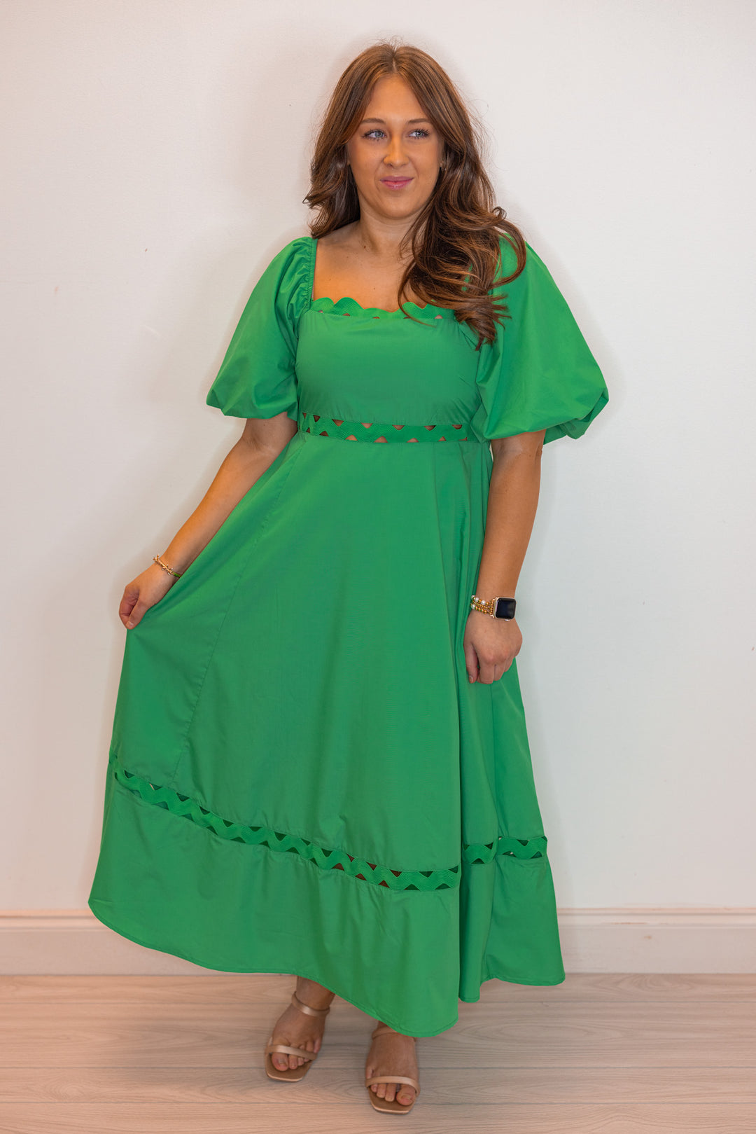Kelly green empire waist midi dress