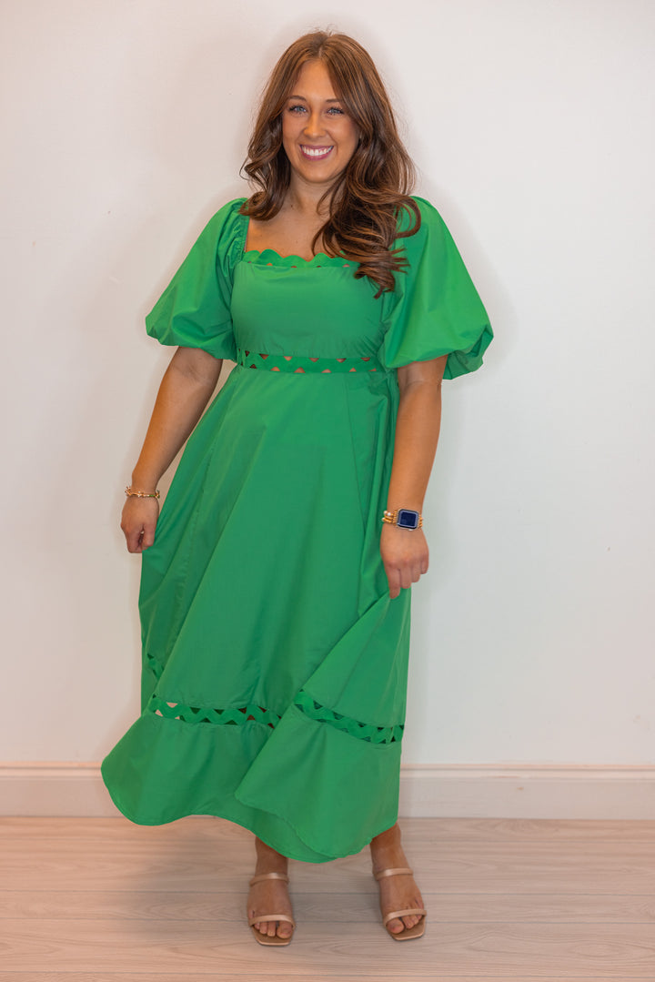 Kelly green empire waist midi dress