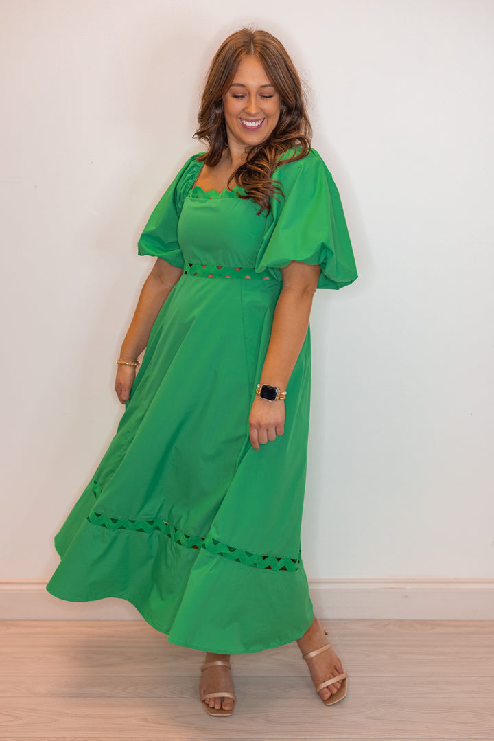 Kelly green empire waist midi dress