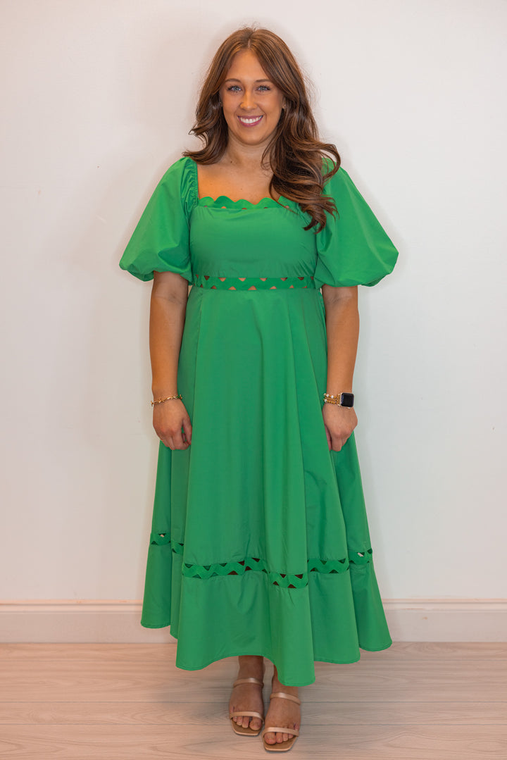 Kelly green empire waist midi dress