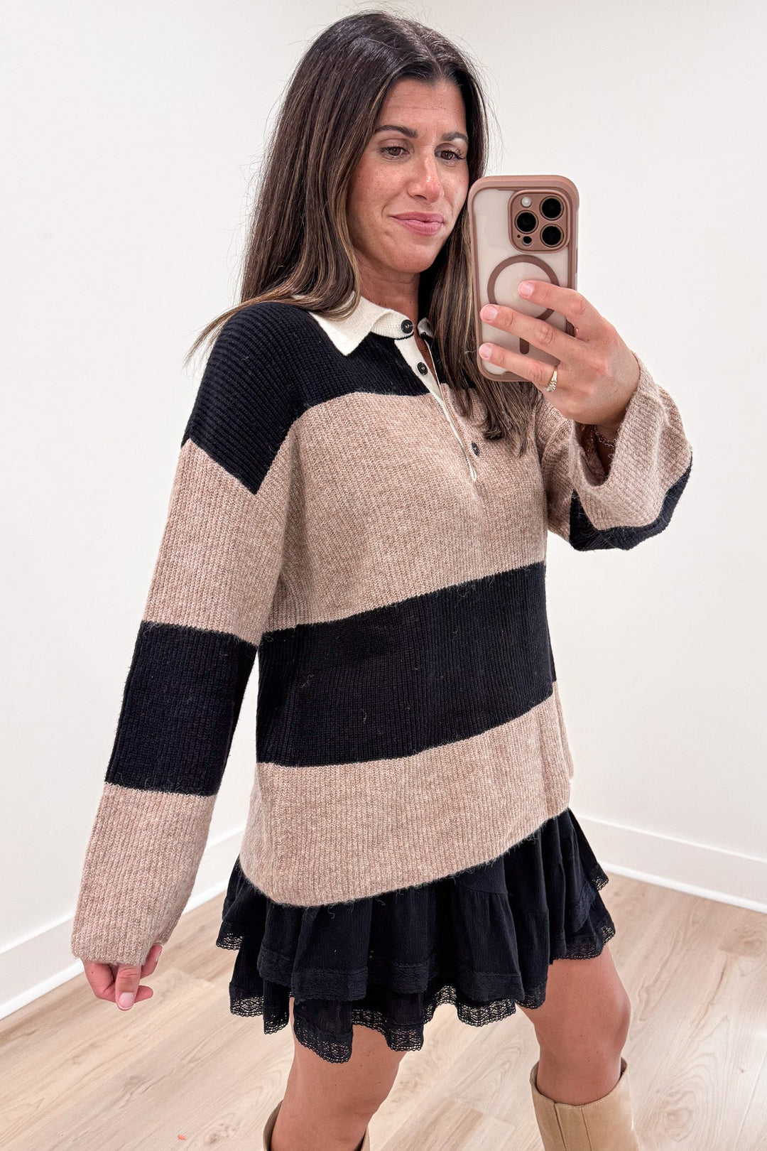 khaki and black wide striped drop shoulder long sleeve button bodice polo style sweater