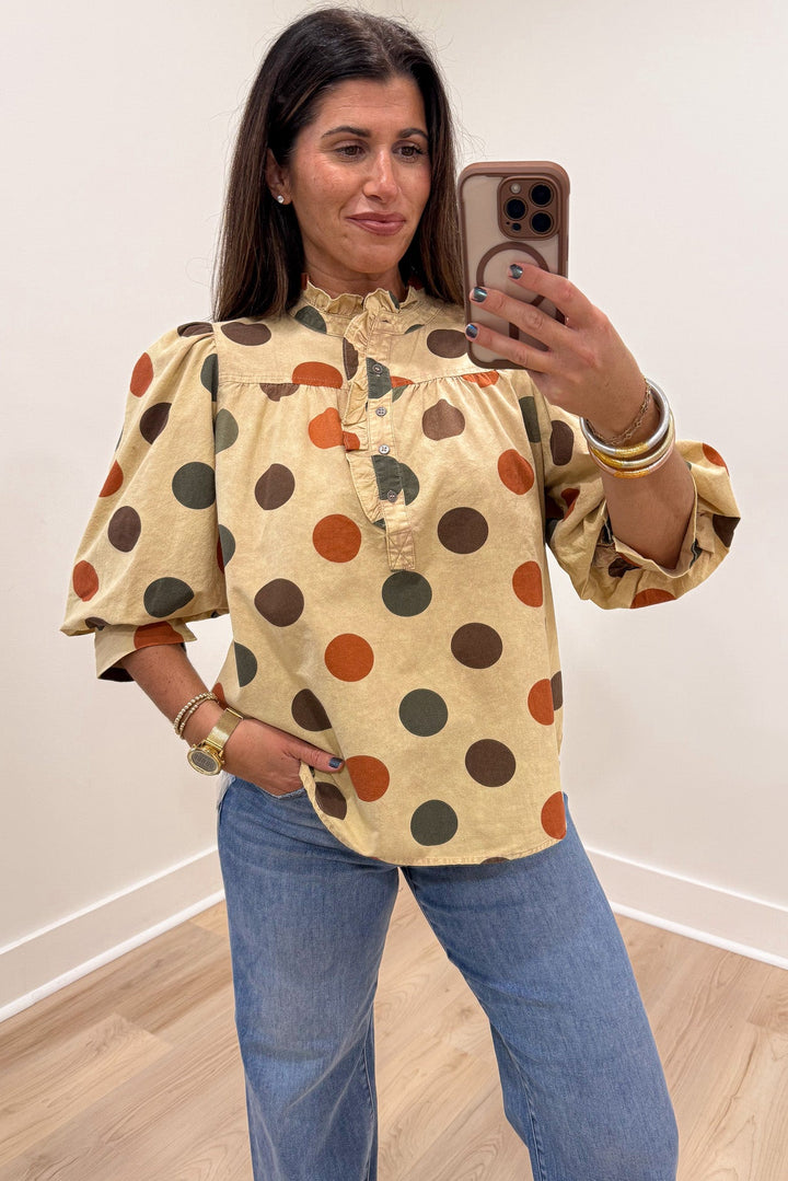 khaki with orange brown and green polka dot print button front bodice puff sleeve top