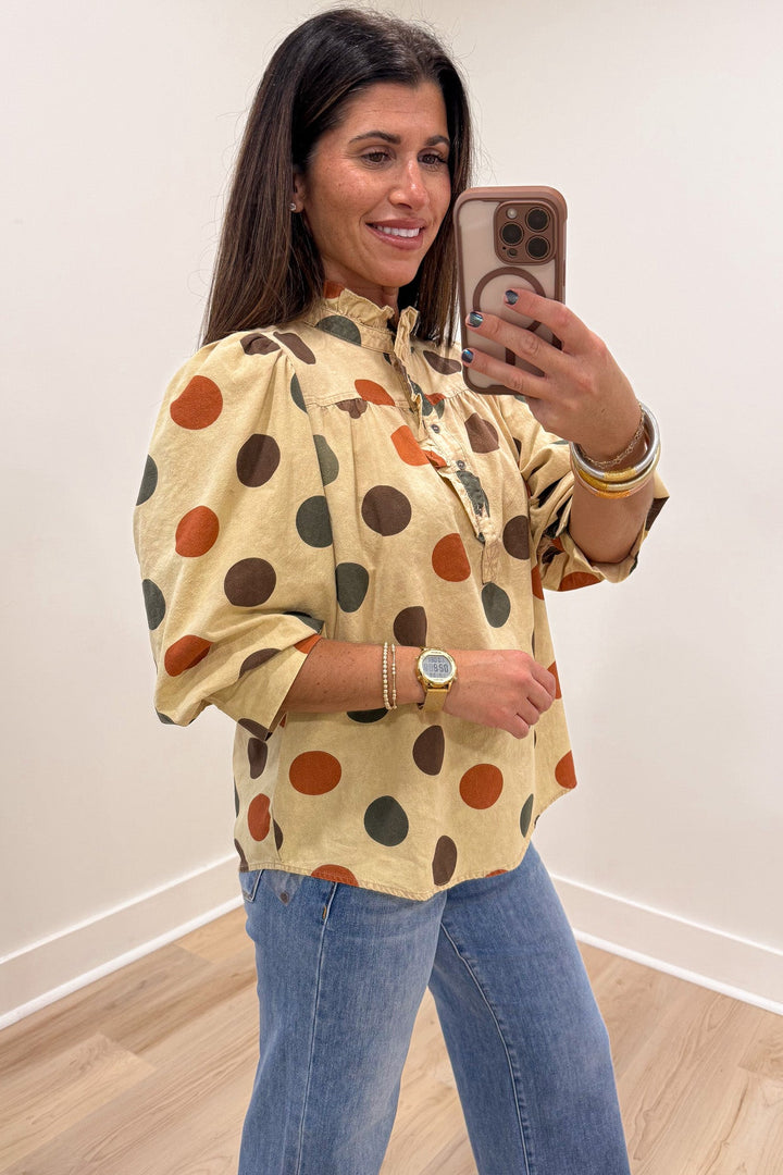 khaki with orange brown and green polka dot print cuffed puff sleeve button front bodice puff sleeve top
