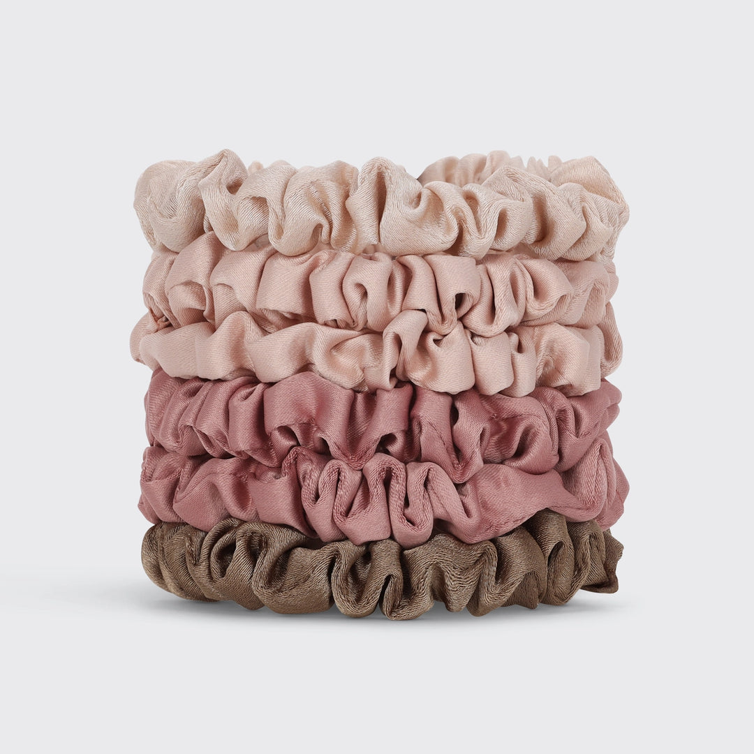 Stack of pink and brown scrunchies 