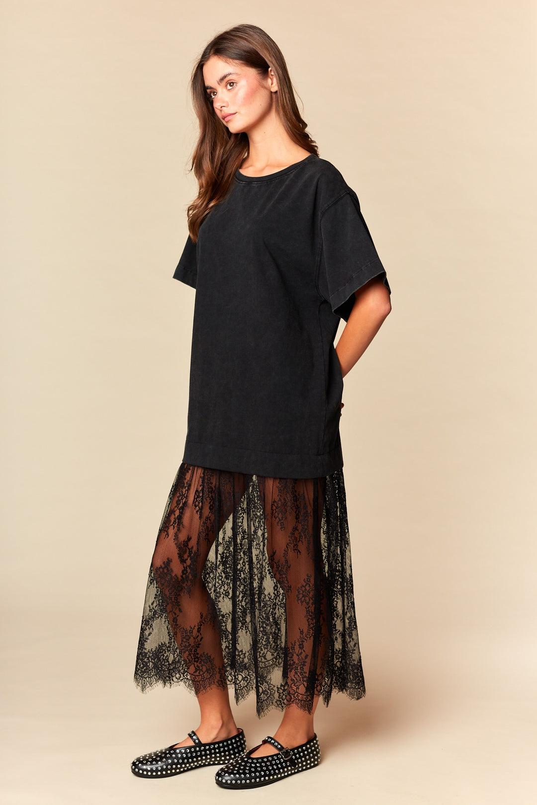 black lace bottom midi dress