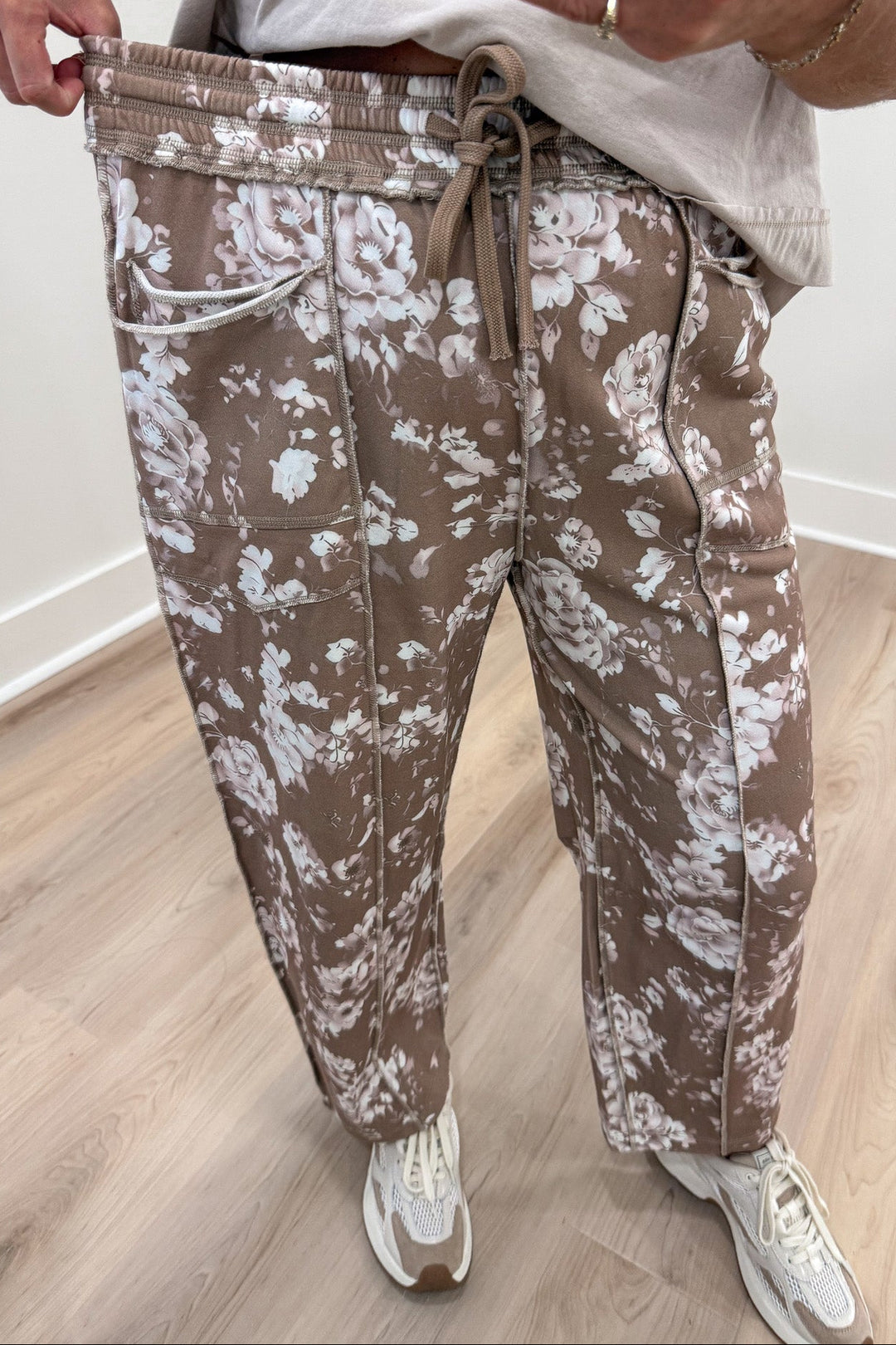 latte with cream floral print drawstring elastic waist barrel leg french terry knit pants