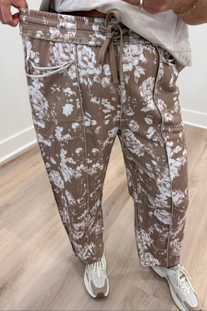 latte with cream floral print drawstring elastic waist barrel leg french terry knit pants