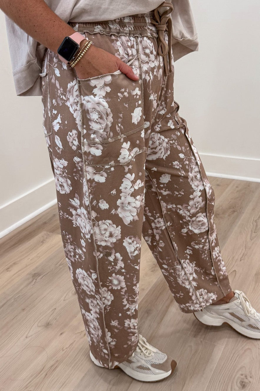 latte with cream floral print elastic waist barrel leg french terry knit pants with layered front pockets