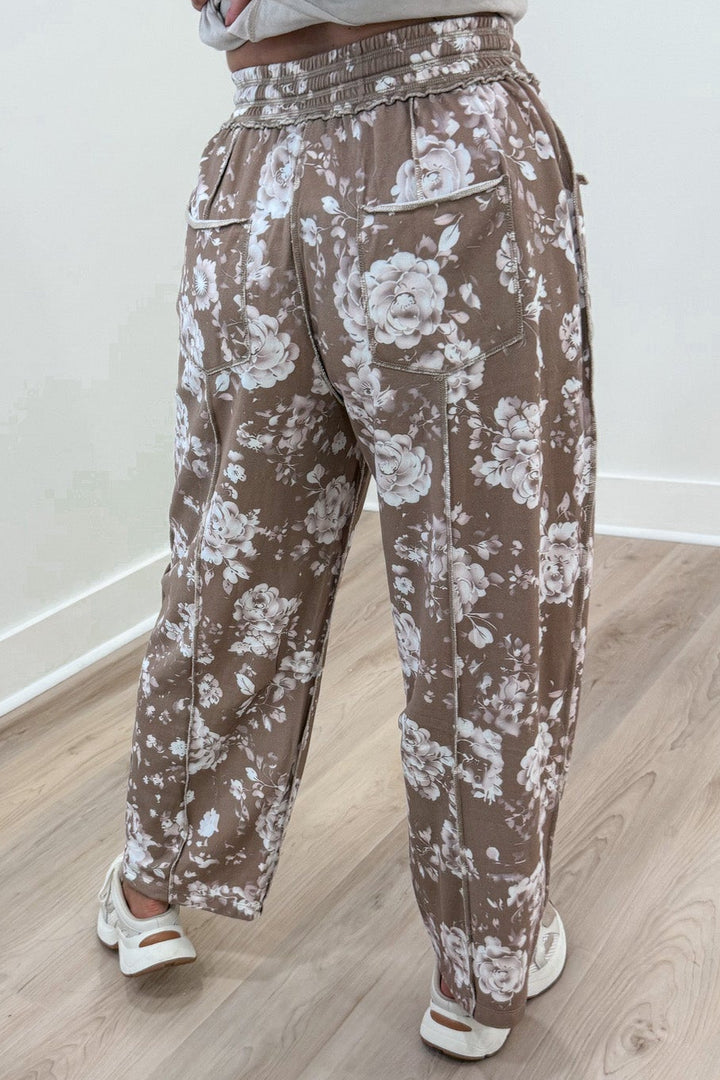 latte with cream floral print elastic waist barrel leg french terry knit pants with rolled trim back pockets