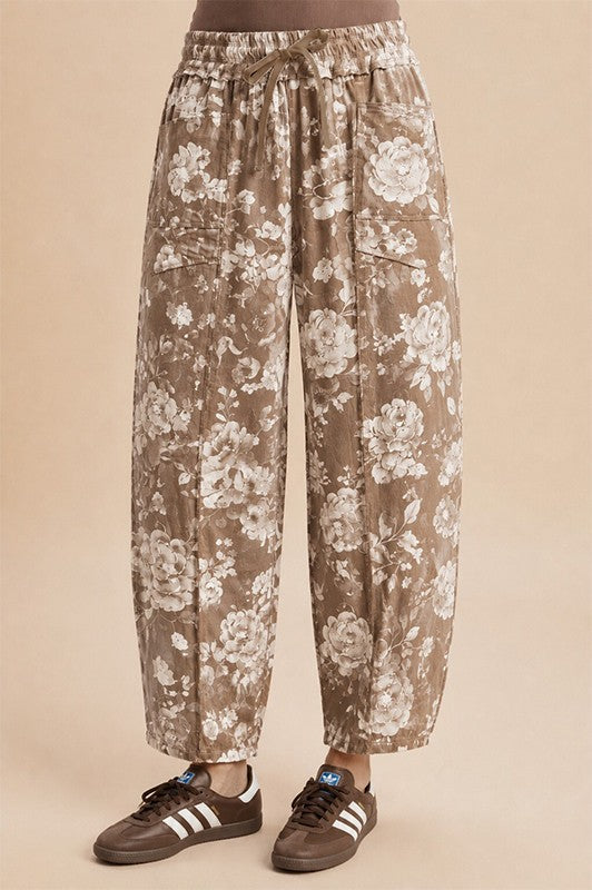 Latte and cream floral print french terry knit barrel pants