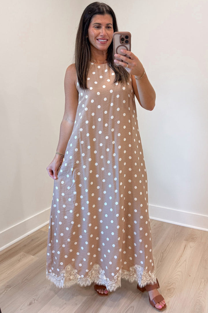 light latte with cream polka dot print and eyelash lace hem sleeveless relaxed silhouette midi dress