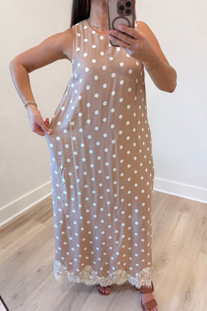 light latte with cream polka dot print and eyelash lace hem sleeveless crew neckline midi dress