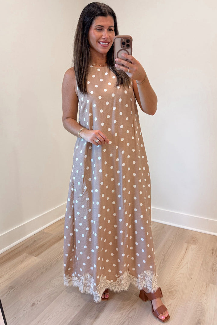 light latte with cream polka dot print and eyelash lace hem sleeveless midi dress