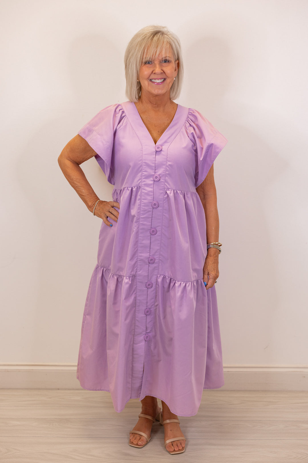 lavender purple babydoll midi dress