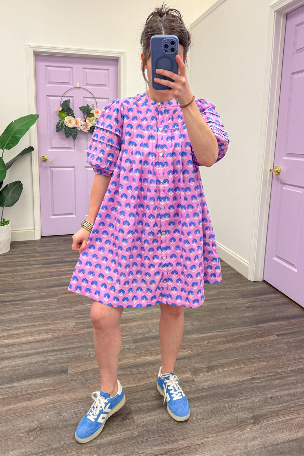 lavender blue white floral print puff sleeve button up flowy babydoll dress