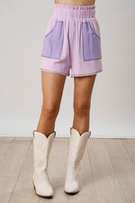 Peach Love California Lavender colorblock crinkle gauze shorts with lavender rhinestones