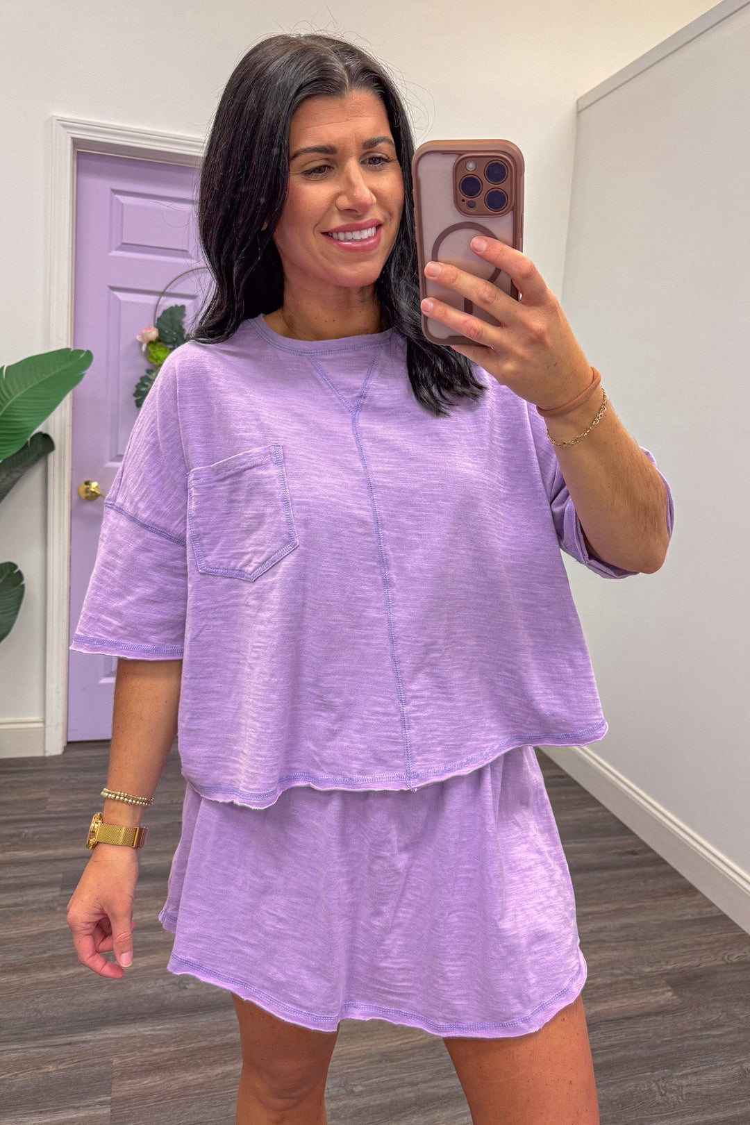 Women's lavender athleisure top with matching skort