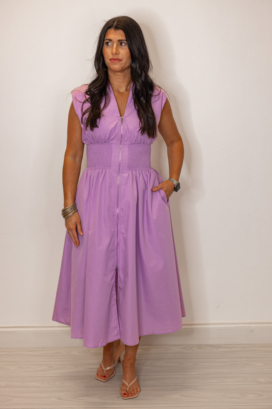 lavender smocked cinched waist midi dress