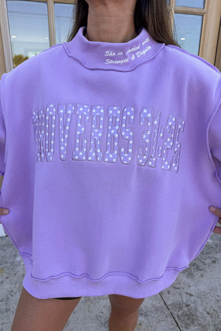 lavender with ivory polka dot print embroidered proverbs 31:25 ribbed mock neck sweatshirt