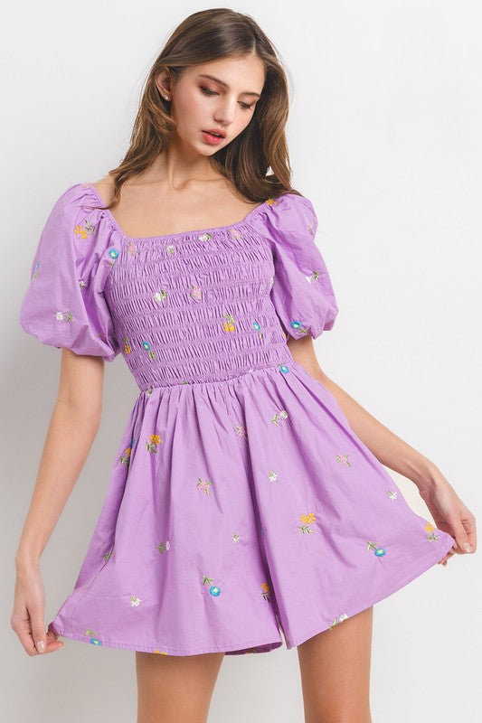 Ces Femme & Time After Time Lavender smocked embroidered floral print romper with wide flowy legs