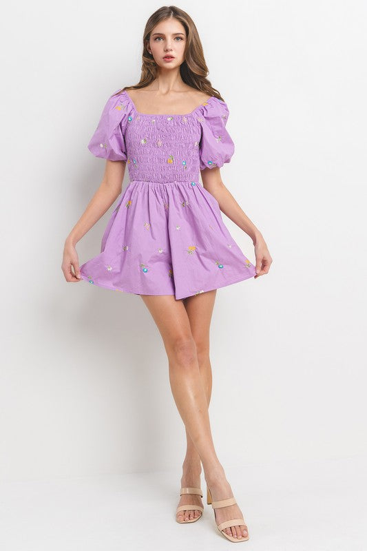 Ces Femme & Time After Time Lavender smocked embroidered floral print romper with wide flowy legs