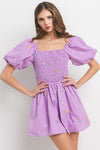 Ces Femme & Time After Time Lavender smocked embroidered floral print romper with wide flowy legs