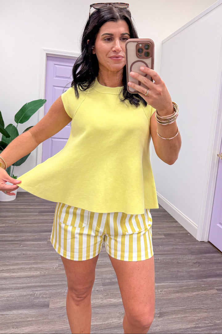 solid lemon yellow capped sleeve knit top relaxed silhouette