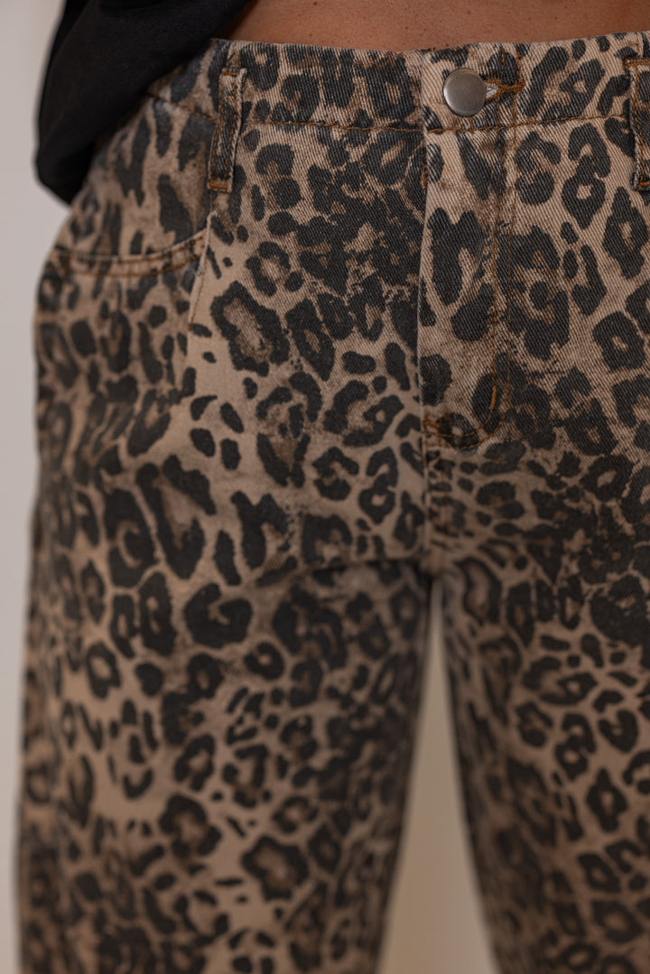 Women's washed brown and black leopard print twill barrel pants by Easel showing up close view of leopard pattern