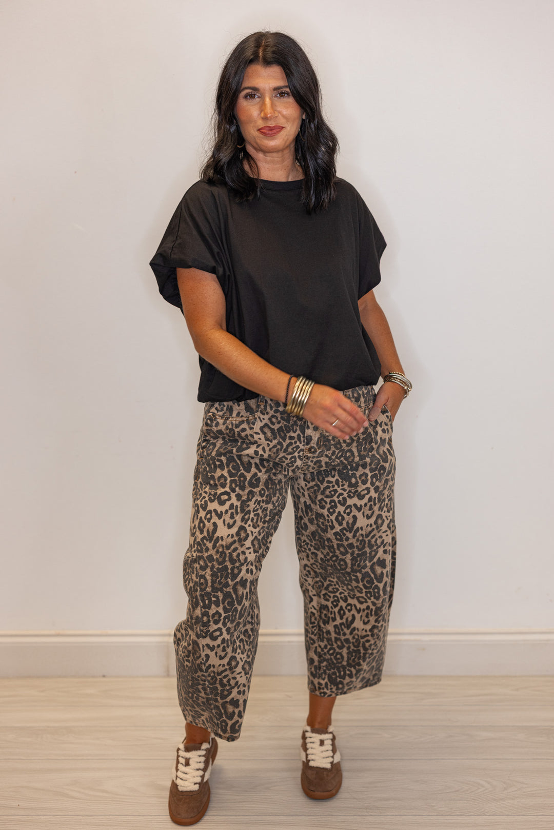 Women's washed brown and black leopard print twill barrel pants by Easel