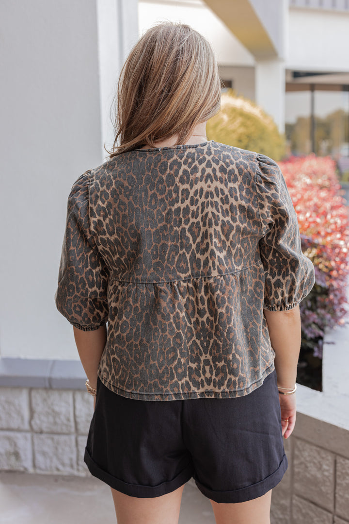 Women's brown and black leopard print denim top with bow tie bodice by Wishlist showing up close back view