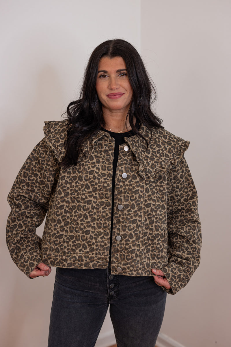 mable leopard print ruffle denim jacket