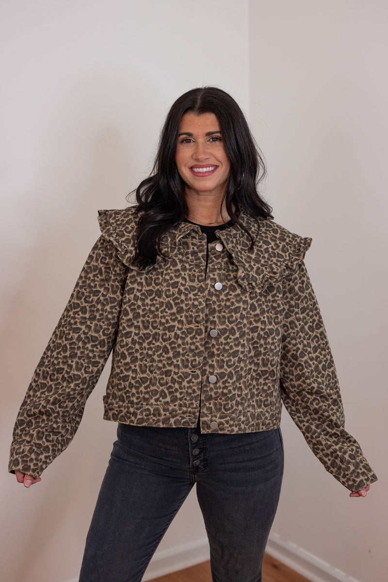 mable leopard print ruffle denim jacket